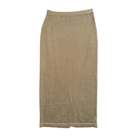 VTG Lisa Originals Metallic Gold Knit Midi Skirt Women’s Medium Pencil Bodycon - Picture 3 of 5